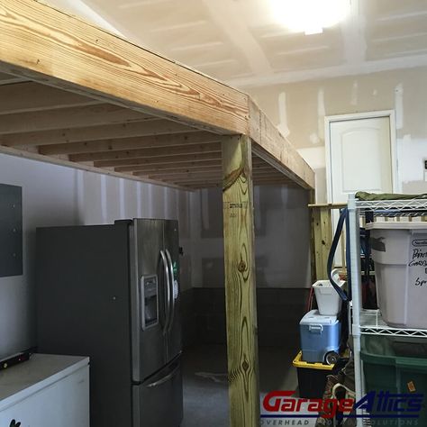 Storage Loft In Garage, Garage Storage Loft Overhead, Small Garage Loft Ideas, Diy Mezzanine Loft, Garage Mezzanine Ideas, Loft In Garage, Garage Loft Storage, Diy Mezzanine, Garage Loft Ideas