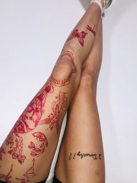 Red Patchwork Tattoos, Red Leg Tattoo, Leg Tattoo Sleeve, Leg Tattoo Placements, Side Leg Tattoo, Calf Tattoos For Women, Leg Tattoos Small, Women's Tattoos, Pair Tattoos