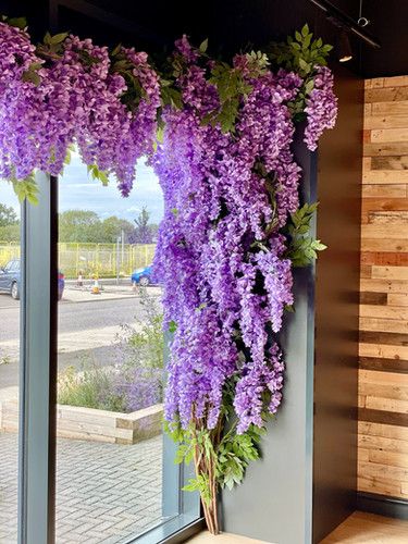 faux purple wisteria tree Wisteria Indoors, Indoor Wisteria Decor, Faux Wisteria Tree, Faux Wisteria Decor, Wisteria Wall Decor, Diy Wisteria Tree, Faux Tree Branches, Flowers For Garden, Wisteria Garland