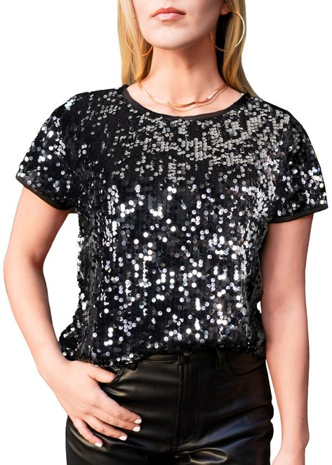 PRICES MAY VARY. SPARKLY SEQUIN TOPS. These sparkle full sequin tops for women made of lightweight 100% polyester fabric with a little bit of stretch, has a soft full lining that keeps you comfortable. It has durably stitched all-over sequins won't easy to come off or splitting. FULL SEQUIN PARTY TUNIC TOPS. This womens party shirt features all over shiny sequins, short sleeve, round neck, slim fitted design, glitter sequins make you stand out from the crowd, sparkly tunic tops for women dressy, Sparkly Sequin Top, Tunic Tops For Women, Glitter Shirt, Disco Shirt, Sequin Party, Tops Short Sleeve, Sequin Shorts, Dressy Tops, Sequin Top