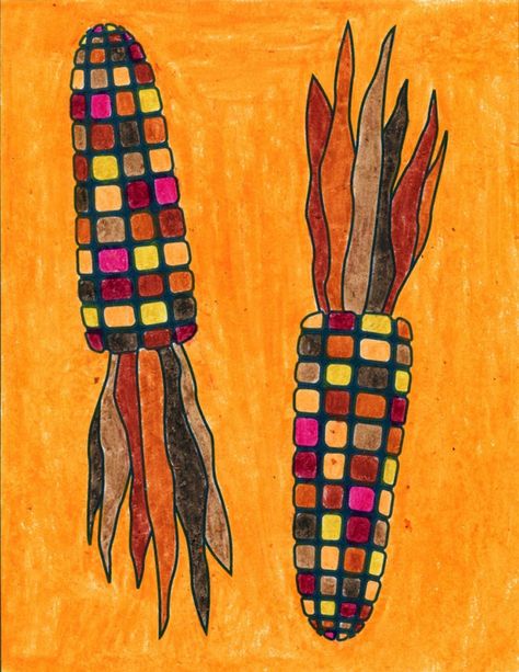 Fall Art Project: How to Draw Corn · Art Projects for Kids Indian Corn Art Projects For Kids, Fall Art For 2nd Grade, 2nd Grade Art Projects Fall, Indian Corn Art, November Art Projects For Kids, Corn Coloring Page, Thanksgiving Artwork, Pumpkin Art Project, Thanksgiving Art Projects