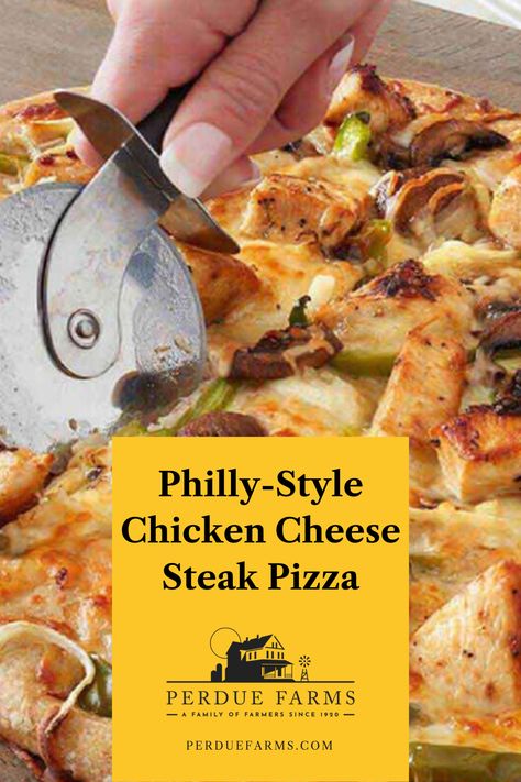 Looking to switch up your weekly pizza night? We took the classic flavor of a Philadelphia cheese steak sandwich and paired it with our tender, juicy chicken for a homemade pizza your family will love! #pizza #pizzanight #recipe #recipes #chicken #chickenrecipes #cheesesteak #phillycheesesteak #chickenpizza #steakpizza #pizzarecipes #dinner #lunch #perduechicken Philadelphia Cheese Steak, Chicken Cheese Steak, Cheese Steak Pizza, Philadelphia Cheesesteak, Hot Pizza, Steak Pizza, Cheese Steak Sandwich, Cheese Steak, Pizza Recipes Homemade