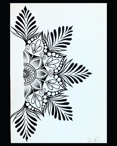 Long Mandala Design, Mandala Add Ons Tattoo Ideas, Dot Shading Tattoo Design, Dotwork Tattoo Mandala Dots, Half Mandala Drawing, Half Mandala Tattoo Design, Half Mandala Art, Dot Work Tattoo Design, Dotwork Pattern