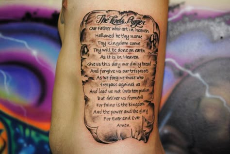 The Lord's Prayer Serinty Prayer, Lords Prayer Tattoo, Scroll Tattoo, Prayer Tattoo, Scroll Tattoos, Saint Tattoo, Lord Prayer, Heaven Tattoos, Our Father Prayer