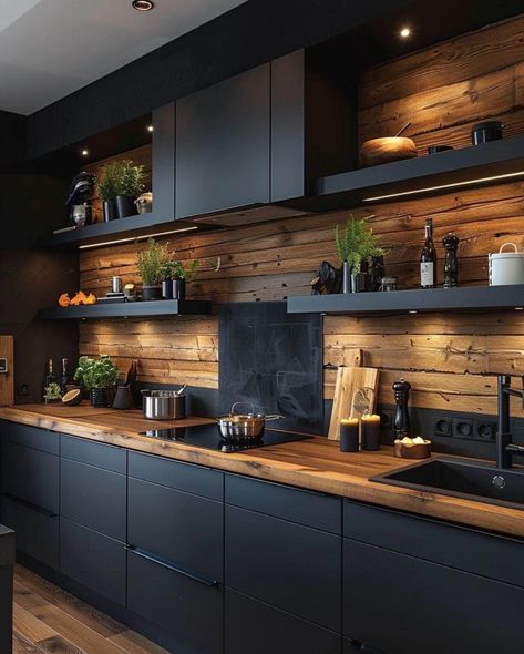 Kitchen Wallpaper Design, Dark Wood Kitchens, Kitchen Shelf Decor, Kitchen Wallpaper, Stylish Kitchen, Kitchen Design Small, Black Kitchens, Wood Kitchen, Küchen Design