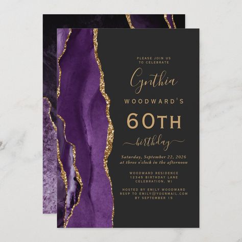 Purple Birthday Party Decorations, Birthday Party Elegant, Modern Birthday Party, Purple Birthday Party, 60th Birthday Party Invitations, 70th Birthday Invitations, Gold Party Decorations, 60th Birthday Invitations, 90's Birthday Party