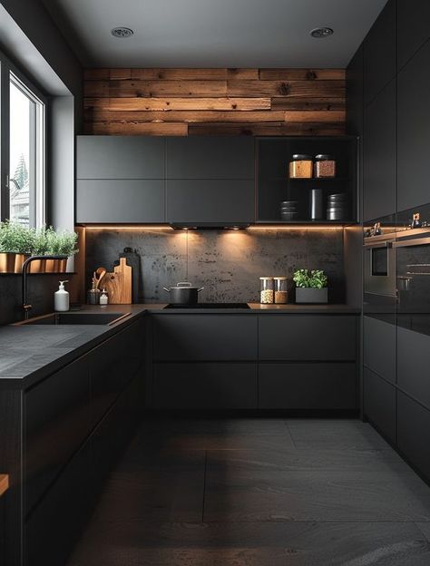 Future Home Modern Black Kitchen, Modern Minimalist Kitchen, Small Modern Kitchens, Modular Kitchen Design, Minimalist Kitchen Design, Modern Kitchen Interiors, Kitchen Design Plans, Modern Kitchen Cabinets, Elegant Kitchens