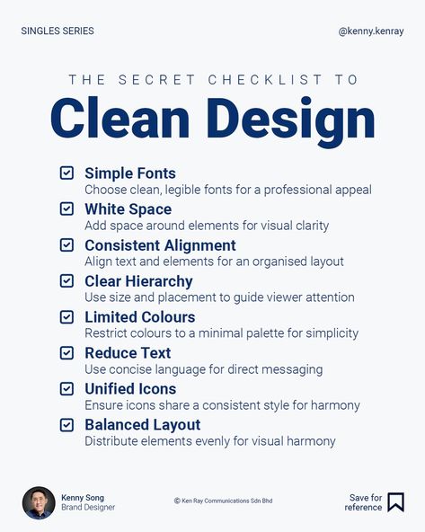 Clean design is easier to achieve if you apply these principles. Why is clean design important? Clean design enhances clarity by removing distractions, allowing key messages to stand out. Viewers quickly understand the content, improving communication and engagement with the design. Consistent, clean design reflects professionalism, building trust in the brand. It conveys reliability and ensures that the message feels polished and credible. Here’s the final secret to clean design: thr... Clean Design Layout, Branding Roadmap, Graphic Design Activities, Camera Tattoo Design, Instagram Banners, Startup Design, Materials Board Interior Design, Minimalism Design, Building Trust