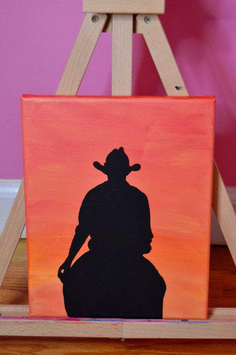 Sillhoute Art Painting, Scarface Canvas Painting, Easy Paintings Western, Cowboy Sillouhette, Cowboy Paintings Western Easy, Cute Country Paintings, Western Things To Paint, Simple Western Painting Ideas, Cowboy Paintings Easy