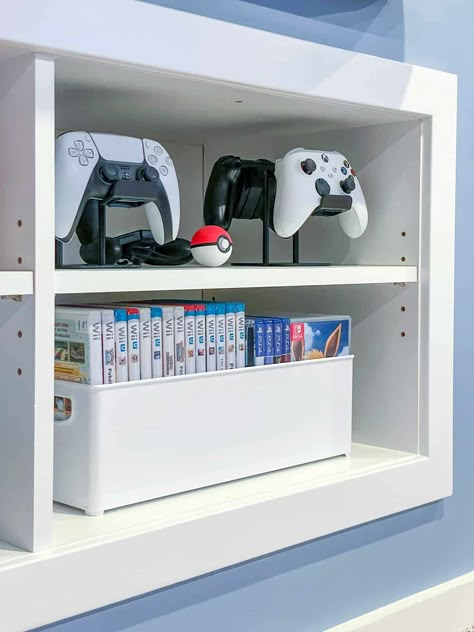 Playstation Game Storage, Gaming Shelves Bedroom, Nintendo Game Storage, Boys Video Game Playroom, Video Game Storage Ideas Hidden, Gaming Cabinet Ideas, Organize Video Games, Playstation Organization Ideas, Games Console Storage Ideas