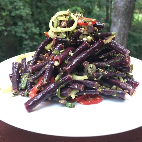 Purple Long Bean Salad with Roselle, Mustard, and Sesame — Global Growers Purple Long Beans Recipe, Purple Green Beans Recipe, Purple Vegetables, Purple Beans, Beans Vegetable, Asparagus Beans, Chinese Vegetables, Long Bean, Bean Seeds