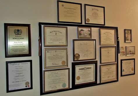 My Certification/Licenses/Achievement wall Certificates Wall Display Ideas, Certification Aesthetic, Accomplishment Wall, Diploma Display Wall, Awards Aesthetic, Achievement Wall, Certificate Wall, Award Wall, Certificate Display