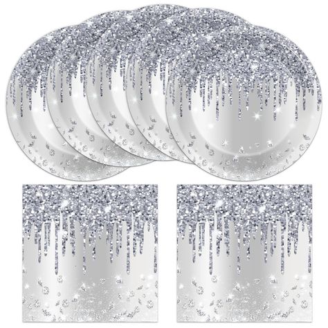 PRICES MAY VARY. Package includes: This silver themed tableware set contains 25 pcs 7inch glitter diamonds silver themed plates and 25 pcs 6.5inch diamonds silver themed napkins, ample quantity to satisfy party needs. Premium material: Our diamonds silver themed plates and napkins are made of quality paper, no smell and well-printed, glitter diamonds plates are sturdy while silver napkins are soft and absorbent. Delicate design: These glitter diamonds silver themed plates and napkins have adopte Silver New Years Table Settings, Diamond Theme Party Games, Silver Table Napkins, Jewelry Birthday Party Theme, Black White And Silver For Table, White Diamond Wedding Theme, Tiffany Themed 50th Birthday Party, Tiffany And Co 40th Birthday Party, Light Blue And Silver Birthday Decorations