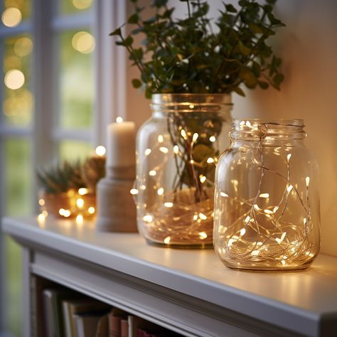 Fairy Lights For Shelf, Fairy Lights For Shelves, Glass Jar Fairy Lights, Fairy Light Living Room Decor, Bookcase With Fairy Lights, Fairy Lights In Jar, Twinkle Lights Kitchen, Fairy Lights On Shelves, Twinkle Lights In Living Room