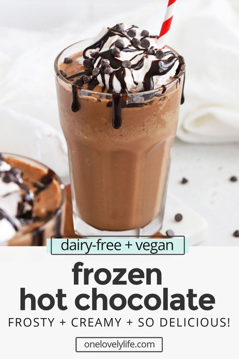 Vegan Frozen Hot Chocolate - This dairy-free frozen hot chocolate is frost, creamy, and so delicious with a swirl of whipped cream and some chocolate on top. You won't want to miss it! // Paleo Frozen Hot Chocolate // Healthy Frozen Hot Chocolate recipe // easy frozen hot chocolate // vegan serendipity frozen hot chocolate // homemade frozen hot chocolate Autumn Snacks, Coconut Milk Whipped Cream, Iced Hot Chocolate, Frozen Hot Chocolate Recipe, Dairy Free Whipped Cream, Coconut Milk Chocolate, Chocolate Frosty, Chocolate Dishes, Frozen Hot Chocolate