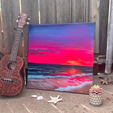 Pebble Beach Painting, Ombre Background Painting, Painting Of A Sunset, Sunset And Ocean Painting, Canvas Painting Hacks, Rainbow Sunset Painting, Painting Ideas On Wood Acrylic, Disney Acrylic Painting Easy, Ocean Sunset Paintings Acrylics