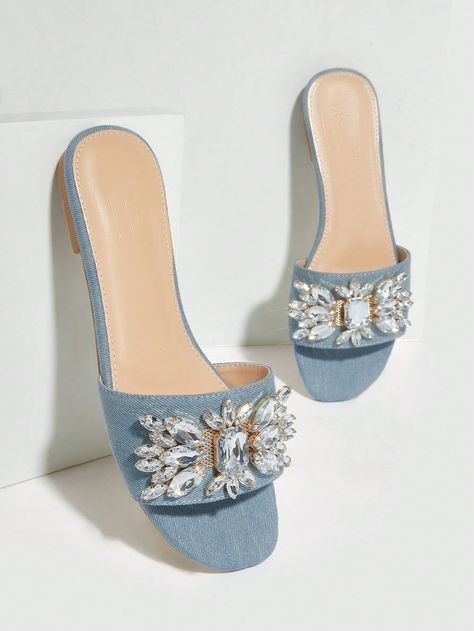 Blue  Collar     Embellished   Women Shoes Classy Slippers, Baby Profile, Flat Footwear, Denim Flats, Women Flat Sandals, Denim Heels, Denim Sandals, Bleu Azur, Classy Shoes