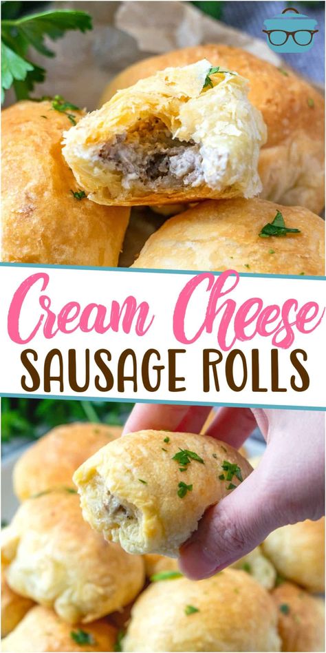 These 3-Ingredient Puff Pastry Sausage Rolls are the perfect little appetizer. Puff pastry, pork sausage and cream cheese are all that's needed! Sausage Puff Pastry Breakfast, Appetizer Puff Pastry, Sausage Rolls Puff Pastry, Puff Pastry Sausage Rolls, Stuffed Pastry, Sausage And Cream Cheese, Cream Cheese Sausage, Sausage Puffs, Cream Cheese Puffs