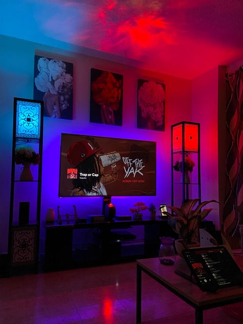 This took me at least a year or more to find all these products and bring them together. Aesthetic Room With Mirror, Modern Apartment Decor Aesthetic, Vibey Interior Design, Blacklight Living Room, Lit Bedroom Ideas, Living Room Asthetics Luxury, Rgb Living Room Ideas, Indie Studio Apartment, Men’s Gaming Room Ideas