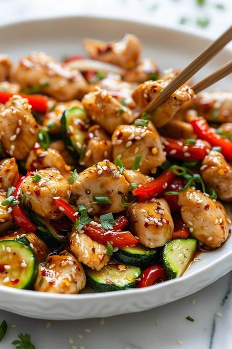 Skip ordering out and make this honey garlic chicken stir-fry at home! It's sweet, savory, and so easy to make! Asian Chicken Marinade Stir Fry, Fihitias Chicken, Grilled Chicken Stir Fry, Easy Healthy Chicken Lunch Recipes, Chicken And Mushroom Stir Fry Recipes, Trader Joes Stir Fry Recipes, Thai Stir Fry Recipes, Chicken And Peppers Stir Fry, Easy Dinners Chicken