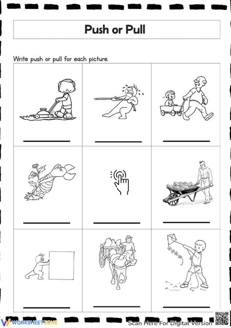 Learn and review push and pull forces with this funny worksheet perfect for kids. This worksheet will push your children to physics's interest. You also can play interactive at our website. Let's check it out! #pushandpull #pushorpull #science #worksheets #forces #push #pull #printables #kidsactivities #scienceactivities #pictures #crafts Push And Pull Experiments For Kids, Push And Pull Activities Kindergarten, Push And Pull Worksheets, Push And Pull Activities, Force Activities, Push And Pull, Force And Motion, Daycare Activities, Pushes And Pulls