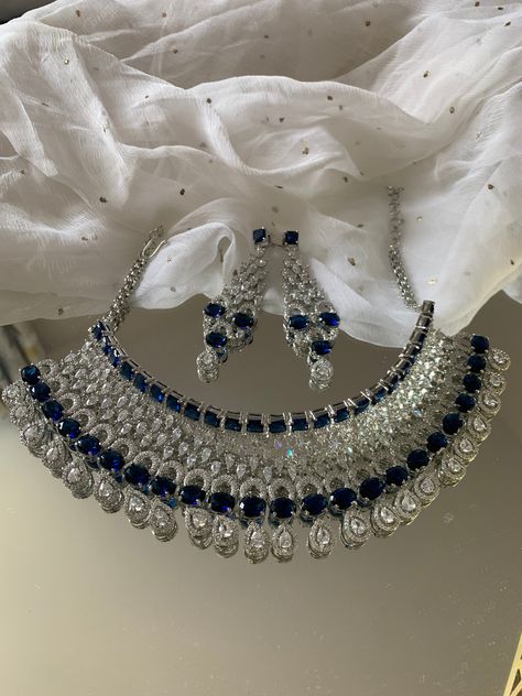 Finest Amrican Diamond HignNeck Royal blue stone necklace with matching Earrings Royal Jewelry Aesthetic, Blue Stone Jewellery, Jewellery Design Gold, Royal Blue Necklace, Royal Blue Jewelry, Indigo Jewelry, Blue Diamond Necklace, Blue Diamond Earrings, Sapphire Jewelry Set