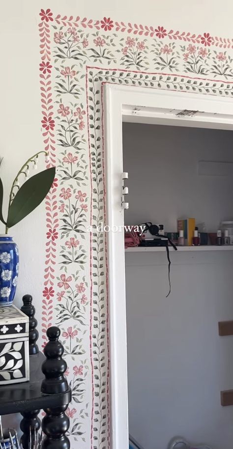 Cottage Whimsy Decor, Stenciled Doors Interior, Paint Around Door Frame, Floral Door Painting, Door Frame Paint, Painting Around Door Frame, Hand Painted Door Frame, Tile Door Frame, Painted Doorways Interior