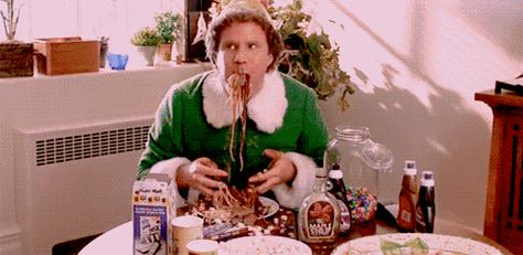 This is my life for the next week...Stress-eating becomes a normal part of your daily routine. | Finals Week, As Told By “Elf” Elf Drinking Game, Elf Spaghetti, Elf Gif, Eating Gif, Le Grinch, Zach Galifianakis, Best Christmas Movies, Elf Movie, Will Ferrell