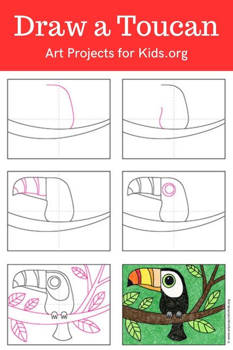 Learn how to draw a Toucan with an easy step-by-step PDF tutorial.    #howtodraw #tutorial #drawing #drawingtutorial #arttutorial #artprojectsforkids #howtodrawforkids #toucandrawing How To Draw A Toucan, How To Draw A Parrot Step By Step, Step By Step Drawing For Kids, Toucan Drawing, Toucan Craft, Van Gogh Coloring, Color Art Lessons, Artist Monet, Collaborative Mural