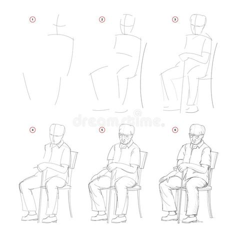 How to draw from nature sketch of sitting old man. Creation step by step pencil drawing. Educational page for artists. vector illustration Human Figure Sketches Step By Step, Person Sketch, Hatch Drawing, Disney Drawing Tutorial, Step By Step Sketches, Body Draw, Human Sketch, Human Figure Sketches, Nature Sketch