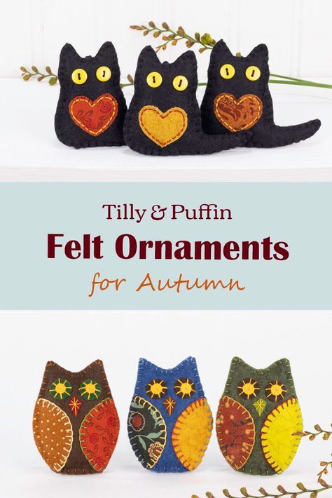 Decorate for Autumn and Halloween with our collection of felt ornaments in Autumnal colours. #autumndecor #halloweendecor #feltornaments Fall Felt Crafts, Felt Halloween Ornaments, Autumn And Halloween, Handmade Felt Ornament, Halloween Craft Projects, Felt Animal Patterns, Felt Owls, Wool Felt Projects, Fall Sewing