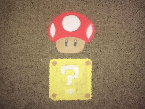 MARIO mushroom. Sidewalk Chalk art. Drawn by said-ivy. Mario Sidewalk Chalk Art, Chalk Art Mushroom, Mario Chalkboard Art, Chalk Art Mario, Chalk Drawing Ideas Sidewalk, Chalk Mushrooms, Fun Chalk Art Ideas, Chalk Characters Easy, Chalk Art Animals