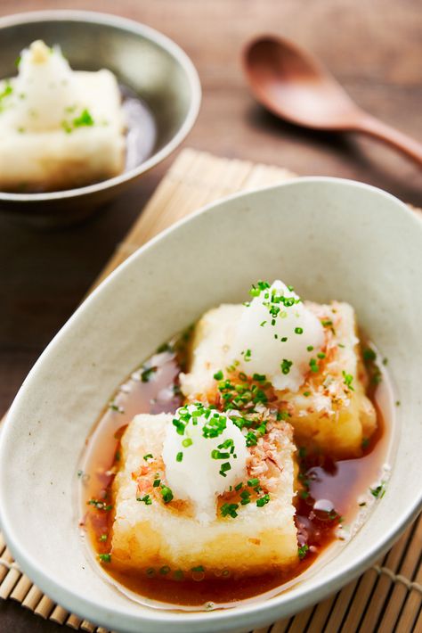 Agedashi Tofu Recipe Agedashi Tofu, Dashi Broth, Ginger Slice, Japanese Dishes, Bean Curd, Tofu Recipes, Sashimi, Plant Based Diet, Traditional Food