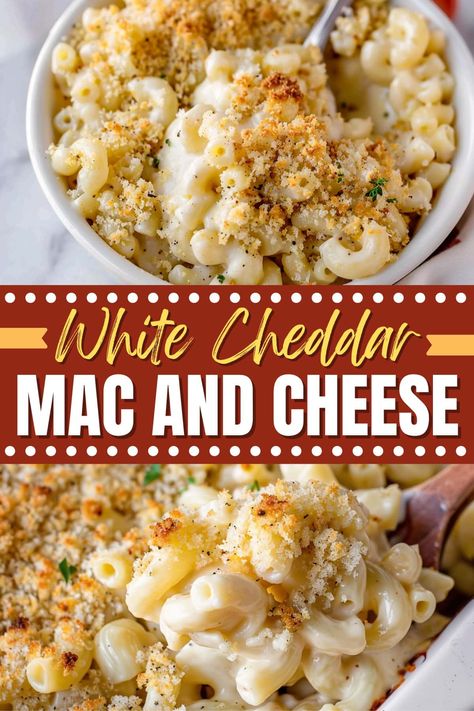 This white cheddar mac and cheese is comfort food at its best! The combination of cheddar and Parmesan is creamy, savory, and delicious. White Cheddar And Bacon Mac And Cheese, Healthy White Cheddar Mac And Cheese, Crockpot White Mac And Cheese Recipe, White Creamy Mac And Cheese Recipe, White Cheddar Baked Mac And Cheese, Best White Cheddar Mac And Cheese, Easy Mac & Cheese Recipe, Sharp White Cheddar Mac And Cheese, Crockpot White Cheddar Mac And Cheese