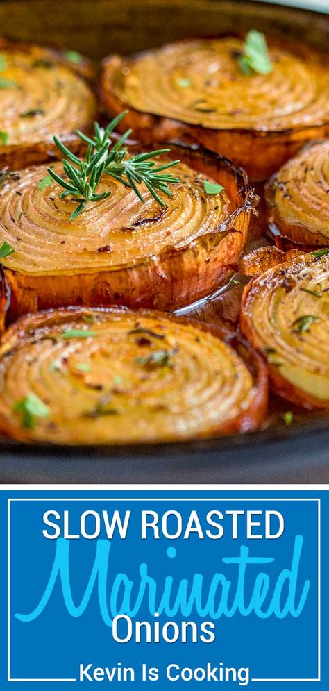 These Marinated Slow Roasted Onions get soft and creamy on the inside and caramelize on the outside roasting in a bath of red wine vinegar, brown sugar and spices. Mouthwatering aroma! #roasted #marinated #onion via @keviniscooking Marinated Onions, Baked Onions, Roasted Onions, Onion Recipes, Wine Vinegar, Veggie Side Dishes, Red Wine Vinegar, Side Recipes, Veggie Dishes