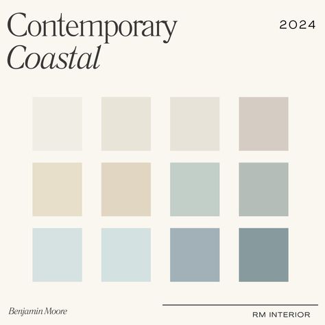 2024 Contemporary Coastal Paint Colour Palette | Benjamin Moore | Interior Design | Paint Colour Selection | E-Design PDF | Shop the Look | Paint Names | Paint Swatches Searching for the perfect blend of creamy, coastal paint colours that also feel warm and inviting? Choosing the right colours that complement each other can be overwhelming. At RM Interior, our goal is to remove the uncertainty when it comes to finding the perfect colours for your space. The contemporary coastal palette exhibits a combining feeling of peace and serenity. The Contemporary Coastal package includes an instant download PDF with names of the colours and direct links on the images to the details on the Benjamin Moore website.  *Disclaimer* Paint colour recommendations are recommendations only. There are several f Hamptons Style Colour Palette, Hamptons Colour Palette Interior Design, Coastal Boho Interior Beach Houses, California Coastal Paint Colors, Coastal Contemporary Interior Design, Colour Palette Home Interior Design, Baby Blue Color Scheme, Warm Coastal Color Palette, Home Color Pallete