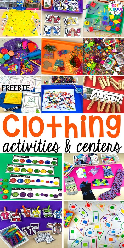 Clothing Activities and Centers for Preschool, Pre-k, and Kindergarten - Pocket of Preschool Center Themes For Preschool, Preschool Clothing Theme, Clothing Study Sensory Bin, Clothes Dramatic Play Preschool, Clothing Sensory Bin, Pre K Clothing Activities, Clothing Theme Preschool Activities, Clothing Lessons For Preschool, Clothing Science Preschool