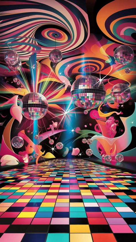 Immerse yourself in the vibrant energy of our disco-themed wallpaper! Featuring a lively dance floor alive with colorful lights, swirling psychedelic patterns, and bold geometric shapes, this design radiates joy and celebration. Perfect for parties, this wallpaper captures the essence of the 60s and 70s, enhanced by playful pop art elements and sparkling disco balls. Brighten up your space with a touch of retro exuberance! #DiscoWallpaper #HomeDecor #PsychedelicArt #DanceParty Retro Disco Wallpaper, Disco Background Wallpapers, 60s Dance Party, Aesthetic Disco Wallpaper, Disco Party Art, Music Fest Aesthetic, 70s Disco Party Aesthetic, Disco Background Aesthetic, Disco 70s Aesthetic