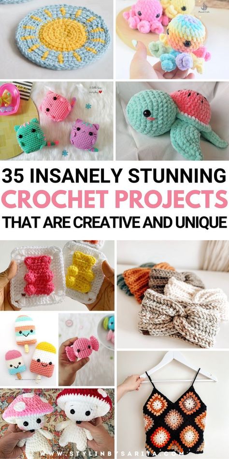 Looking for crochet projects to pass the time and unwind? Here are 35 most beautiful and creative crochet patterns that are beginner-friendly and guarantee loads of fun. | crochet patterns, crochet projects, crochet patterns free, diy crochet projects, crochet small projects, what to crochet when bored, crochet crafts, crochet designs | Crochet Ideas For The Home, Quick Crochet Projects For Craft Fair, Best Crochet Projects To Sell, Coolest Crochet Projects, Fun Things To Crochet Free, Amigurumi To Sell, Crochet Gifts For Artists, Yup Yup Crochet Pattern, Fun Quick Crochet Projects