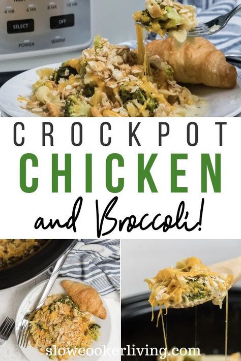 Pin showing images of the finished slow cooker chicken and broccoli top and bottom with title across the middle. Slow Cooker Chicken And Broccoli, Brócoli Recipes, Chicken Broccoli Crockpot, Crockpot Chicken Healthy, Crockpot Chicken Breast, Ww Recipe, Chicken Crockpot Recipes Easy, Crockpot Casserole, Pot Dinners