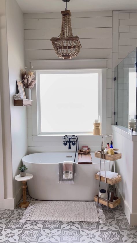 Bathrooms With Chandeliers, Chandelier Over Tub, Home Depot Bathroom Tile, Masonite Doors, Masonite Interior Doors, Home Depot Bathroom, Bathroom Chandelier, Bathroom Freestanding, Vanity Lights Bathroom