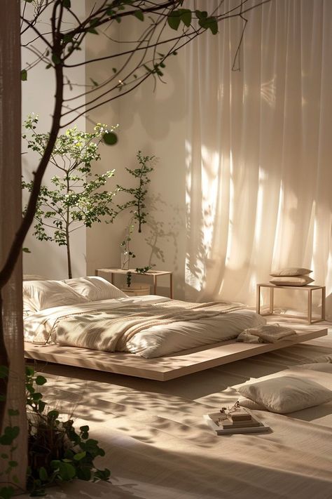 On Floor Bed Ideas, Organic Rustic Bedroom, Japanese Interiors Minimalistic, Organic Apartment Decor, Rustic White Bedroom Ideas, Room Design Bedroom Aesthetic, Interior Inspo Bedroom, Cozy Room Vibes, Studio Bedroom Design