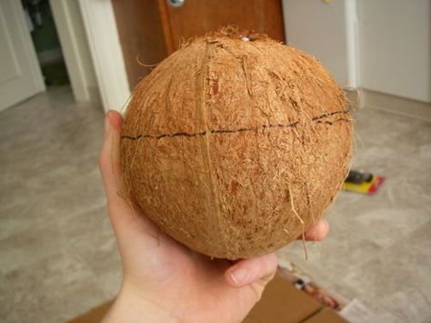 Picture of Mark and cut the coconut. Coconut Crafts, Coconut Flower, Coconut Shell Crafts, Baby Clothes Brands, Coconut Shells, How To Recycle, Coconut Hair, Coconut Bowl, Shell Crafts Diy