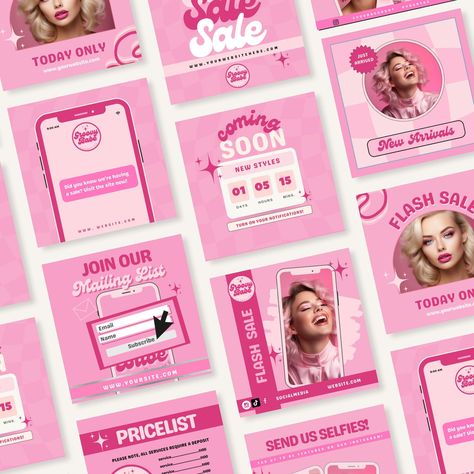 Pink Retro Social Media Post Templates, Canva Editable Instagram Flyers for Hair/Lash/Nails/Cosmetics- Beauty Branding, Y2K instagram Digital Social Media Design, Y2k Social Media Design, Social Media Templates Design, Retro Social Media, Checklist Design, Pink Social Media, Retro Template, Y2k Instagram, Canva Social Media Templates