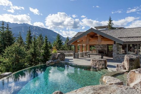 Cabin Pool Ideas, Rustic Swimming Pool Designs, Mountain Home With Pool, Mountain House With Pool, Mountain Swimming Pool, Mountain Pool Ideas, Rustic Pool Ideas, Rustic Backyard Landscaping, Rustic Swimming Pool