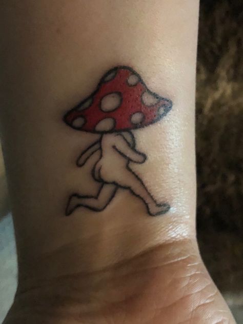 Trippy Tattoo Ideas Simple, Funky Mushroom Tattoo, Cool Beginner Tattoos, Mushroom Tattoo Whimsical, Dancing Mushroom Tattoo, Funny Mushroom Tattoo, Trippy Mushroom Tattoo Ideas, Small Tats For Men, Mushroom Tattoos Trippy