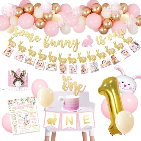 PRICES MAY VARY. Some Bunny is One Party Supplies - Package includes: some bunny is one banner, monthly photo banner, one cake topper, first birthday crown, high chair banner, milestone sign, rabbit foil balloon, number 1 foil balloon, balloon garland set (56pcs latex balloons, balloon garland strip, glue points, 32ft white ribbon, instruction). Perfect For - Some bunny is one birthday party supplies, bunny birthday party decorations, Easter rabbit supplies, some bunny is one balloons, birthday Bunny Birthday Party Decorations, Some Bunny Is One Birthday, Bunny Birthday Theme, Bunny 1st Birthday, Some Bunny Is One, First Birthday Crown, Bunny Birthday Party, One Banner, First Birthday Party Decorations