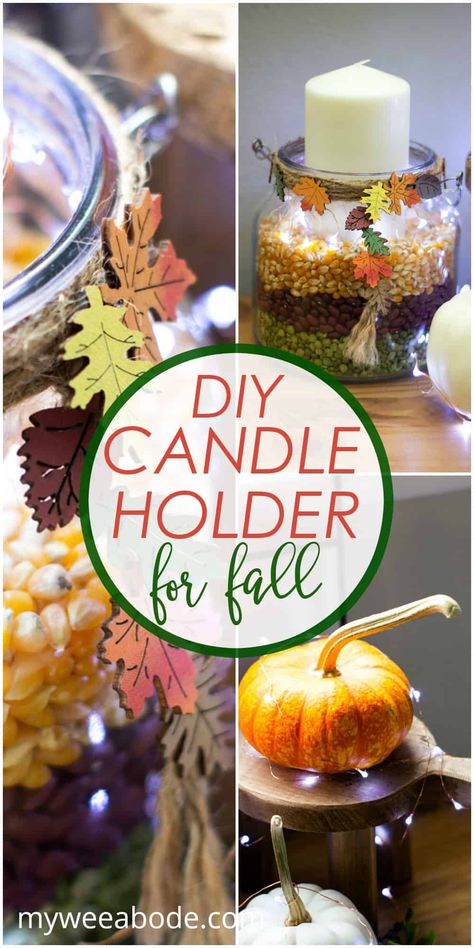 Large Glass Candle Holders Decorating, Diy Fall Candle Holders, Diy Candle Jars, Fall Candlesticks, Large Glass Candle Holders, Diy Candle Holder, Fall Candle Holders, Thanksgiving Candles, Autumn Candle