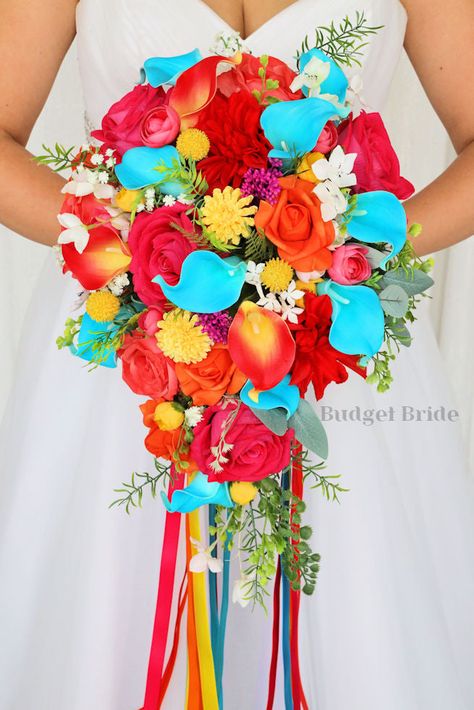 If you have chosen bright vibrate colors for your wedding, then look no further. This striking cascading brides’ bouquet is the perfect option for those who want to incorporate pink, turquoise, coral, yellow, orange, and red into their wedding. This bouquet is made using an array of gorgeous roses, not to mention our stunning turquoise calla lilies. The colorful ribbons add the perfect finishing touch to this unique arrangement that is absolutely stunning. Like all of our bouquets, this brides’ Tropical Bridal Bouquet, Summer Wedding Makeup, Cascading Bouquet, Beach Wedding Colors, Yellow Wedding Flowers, Fiesta Wedding, Red Wedding Flowers, Wedding Bouquets Pink, Brides Bouquet