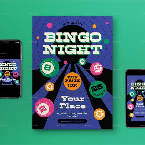 Violet Modern Bingo Night Flyer Set Bingo Graphic Design, Bingo Illustration, Bingo Poster, Pubmat Ideas, Camping Bingo, Custom Bingo Cards, Bingo Books, Bingo Casino, Road Trip Bingo